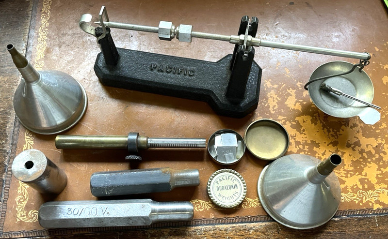 Vintage Pacific reloading balance powder scale, weights, trickler funnels, tools