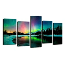 S01927 5 Pieces Wall Art Aurora scenery Painting on Canvas Stretched and Fram...