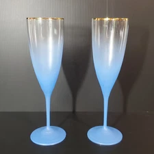 Anthropologie Dobra Champagne Flutes Blue With 24k Gold Rim Style 9" Barware