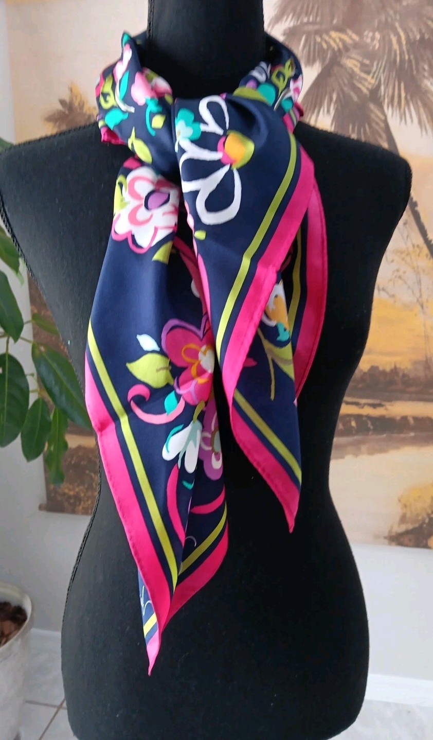 Pretty Vera Bradley Silk Scarf, Navy/Pink/Green, Floral, Butterflies 33