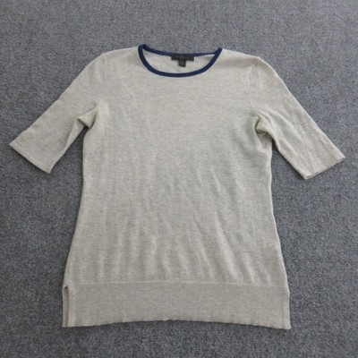 Saks Fifth Avenue Sweater Womens XS Gray Blue Trim 100% Cashmere Elbow Sleeve