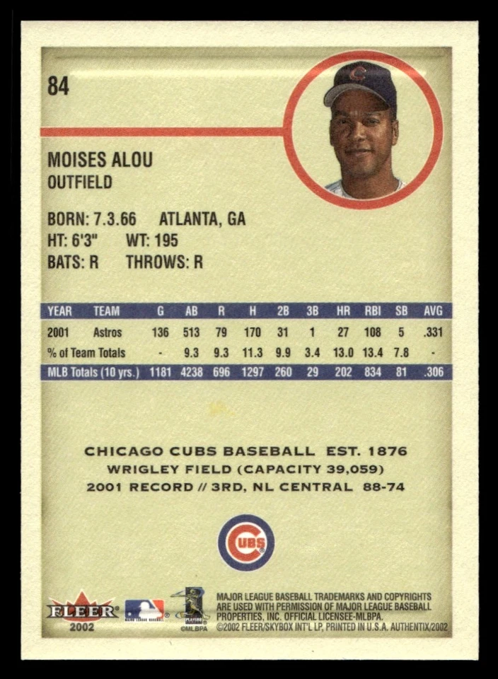 Moises Alou 2002 Fleer Authentix #84 Chicago Cubs - Image 2 of 2