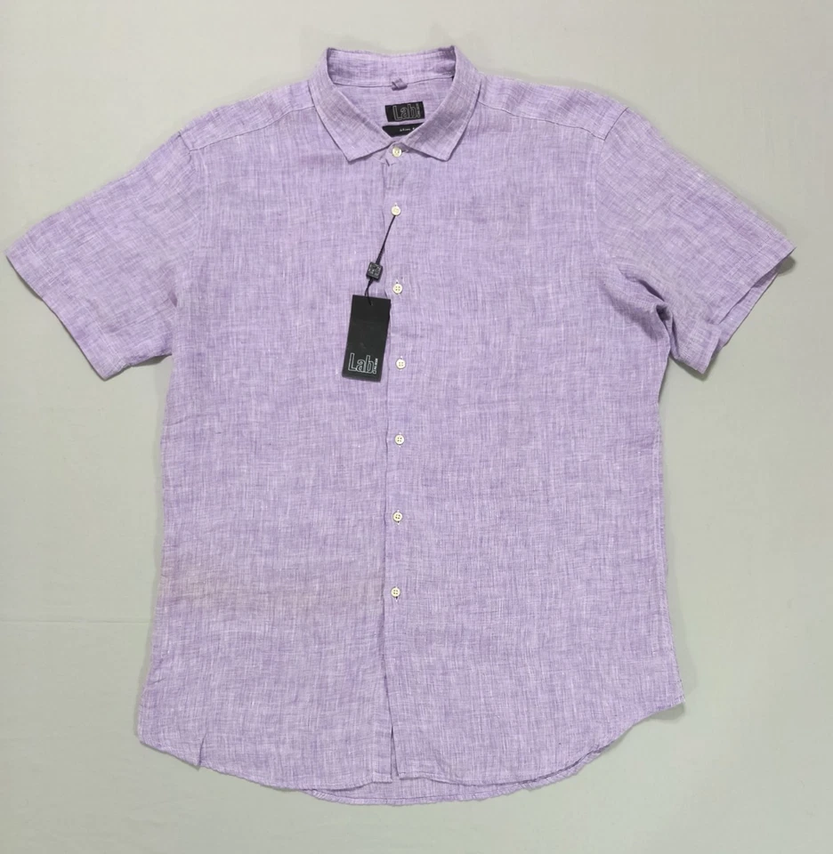 Camisa masculina manga curta Lab Pal Zileri 100% linho nova com etiquetas 18 1/2/46 GG roxa - Imagem 2 de 4