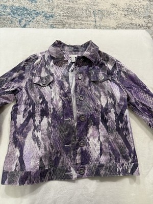 CHICO s 2 Size L Lavender & Gray Metallic Snake Print Trucker Jacket E61
