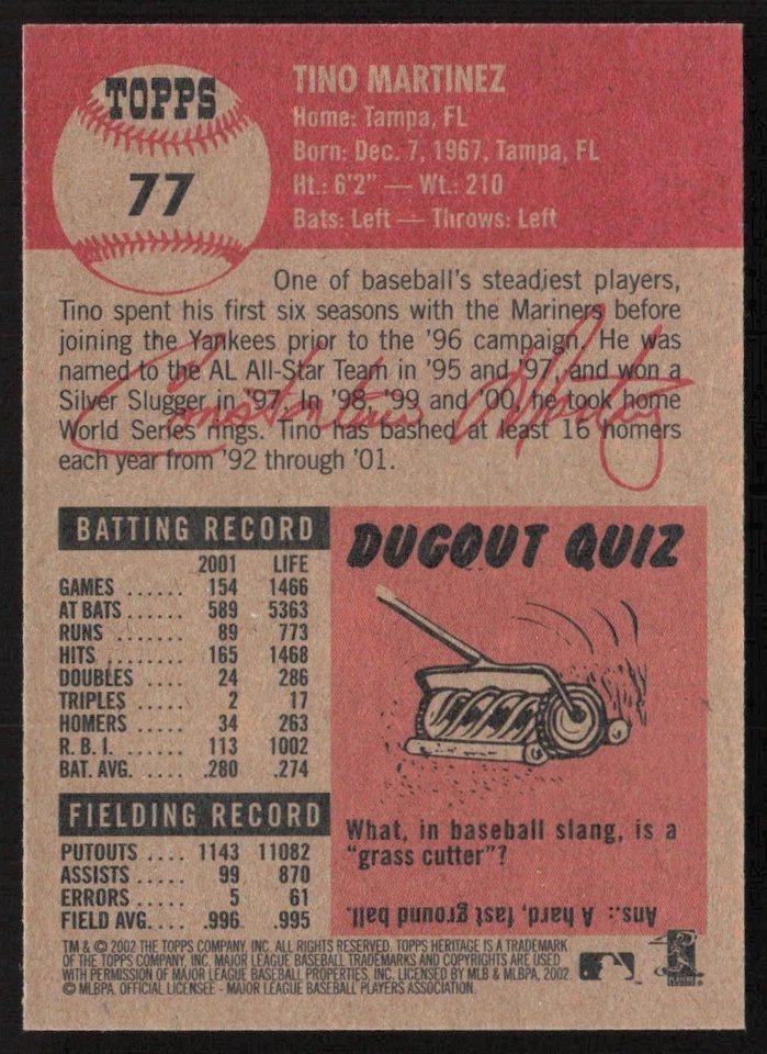 2002 Topps Heritage Tino Martinez New York Yankees #77 - Image 2 of 2