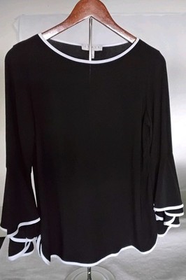 Women's Blouse Chaus New York Black White Trim Top Flared Sleeve Size Medium