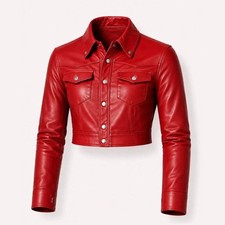 women's Red Sheepskin Leather Cropped Jacket with Shirt Collar & Button Front