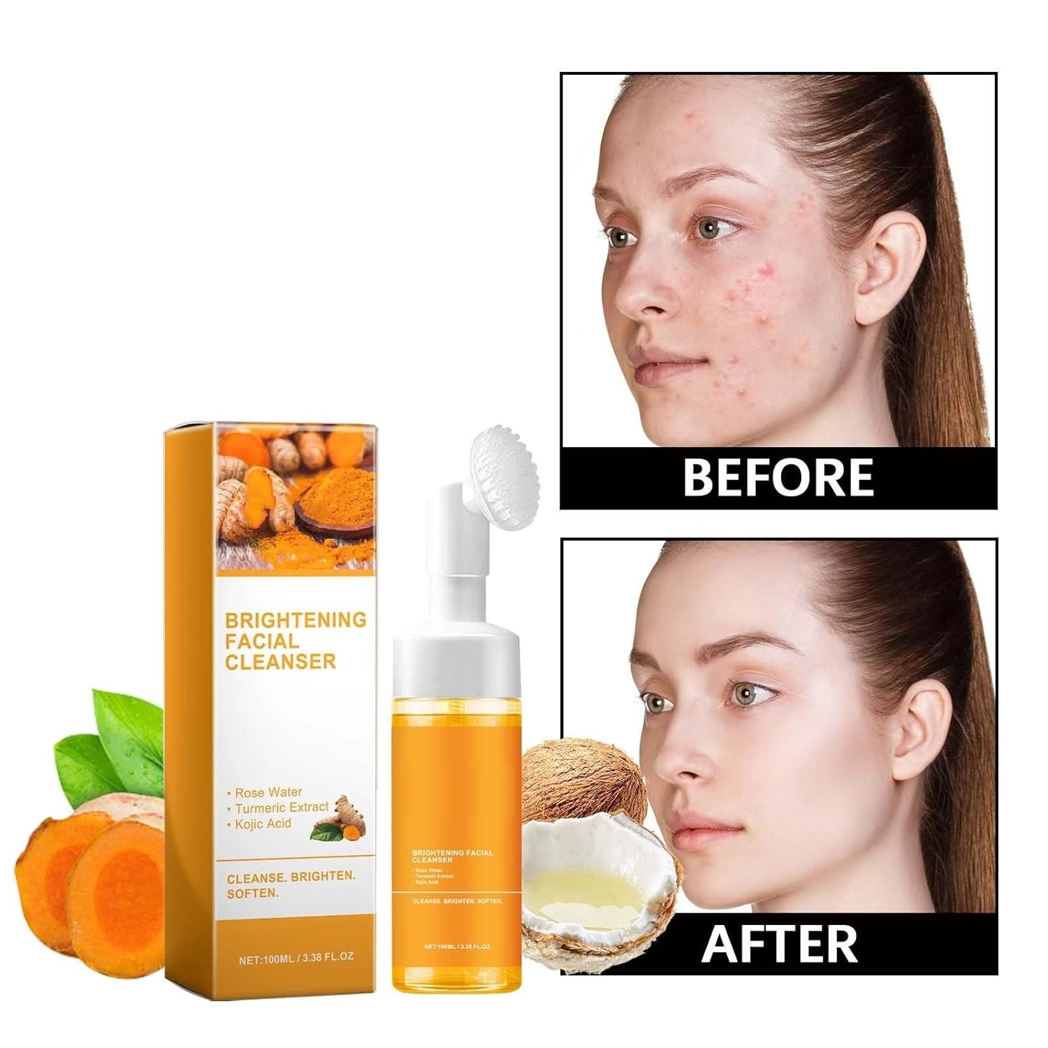 2 Pcs Turmeric Foaming Face Wash Deep Cleansing Facial Cleanser with Brush
