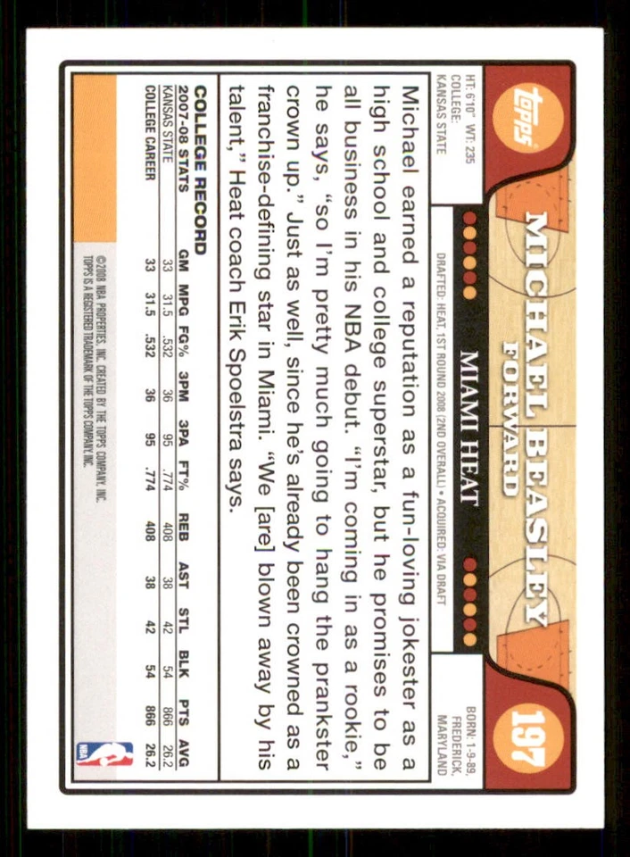 2008-09 Topps Gold Foil #197 Michael Beasley - Image 2 of 2