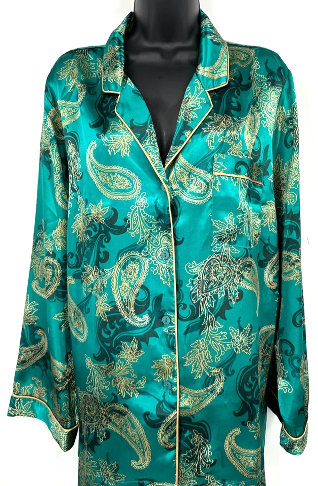 Conjunto de pijama de manga larga para mujer Morgan Taylor 2XL verde cachemir satinado Foto 3 de 4