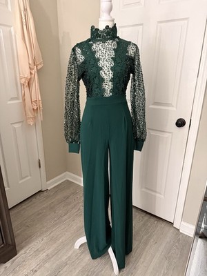 VALENTINE Green Lace High Neck Long Sleeve Wide-Leg Jumpsuit for Women Size M