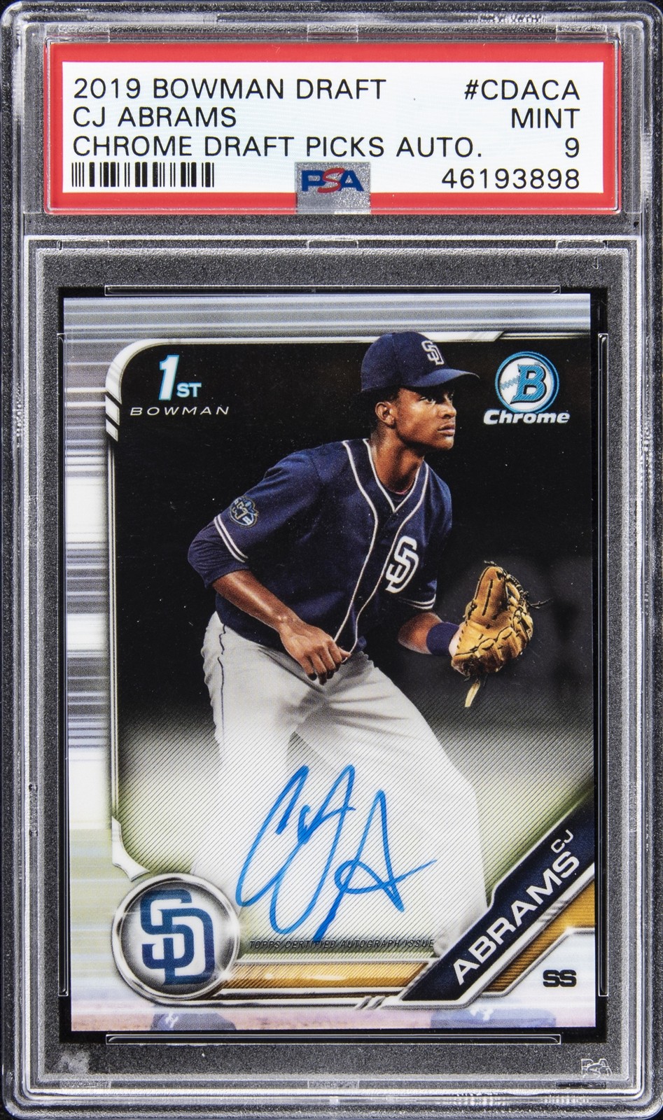 2019 BOWMAN DRAFT CHROME DRAFT PICKS AUTO #CDACA CJ ABRAMS PSA 9 AUTO