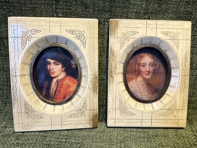 Piano Key Miniature Portrait Frames young Couple Repro Faux Bone  Vintage  E331