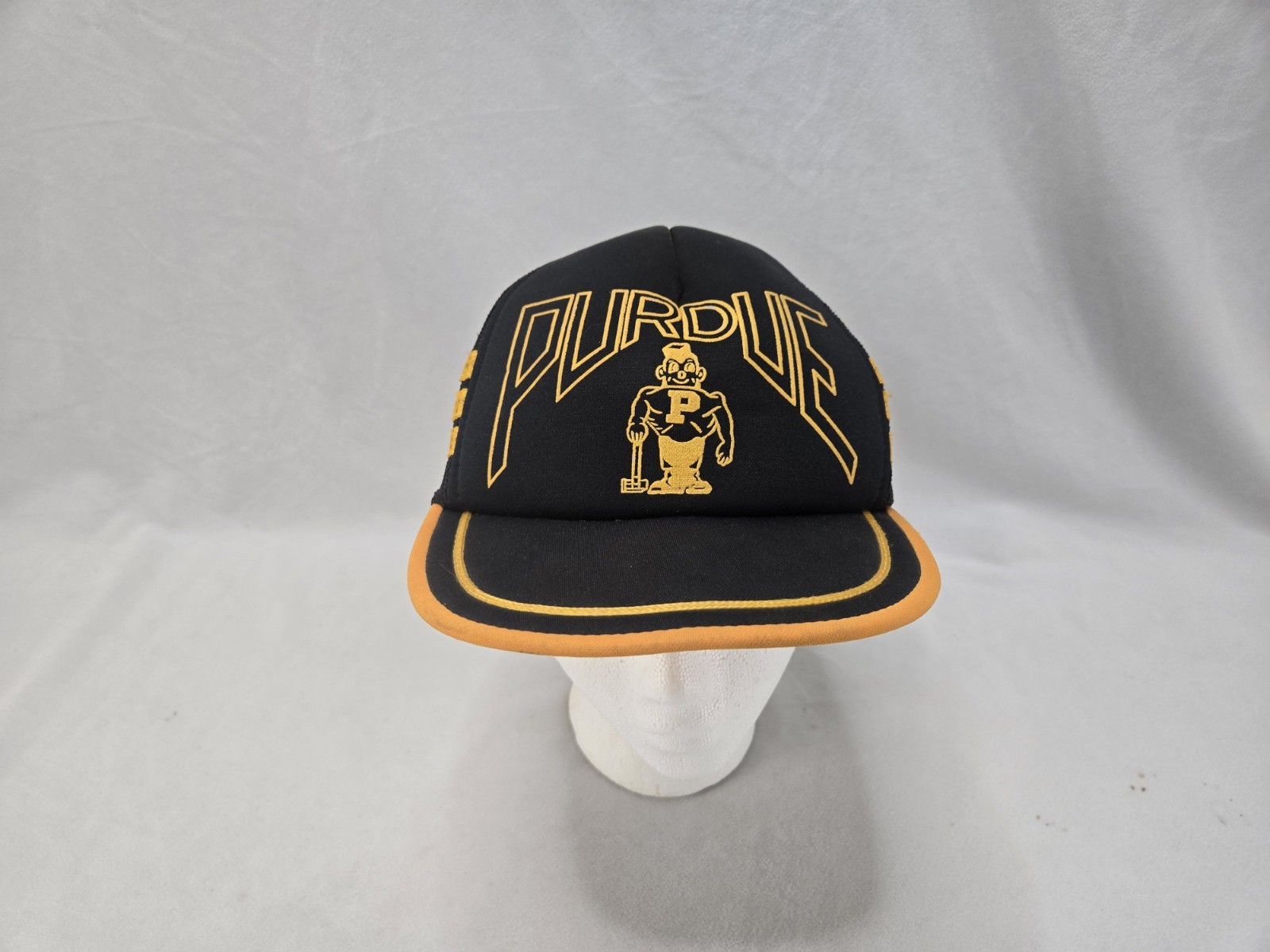 Vintage 80s 3 Stripe Purdue Boilermakers NCAA Black Mesh Trucker Snapback Hat
