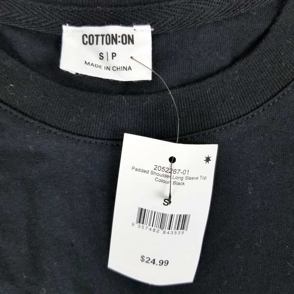 Cotton On Size S Padded Shoulder Long Sleeve Top 100% Cotton 100% Recycled Black - Image 4 of 4