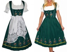 S 8 Green EMBROIDERED German Dirndl Cotton Dress Oktoberfest 3 Pcs HIGH QUALITY
