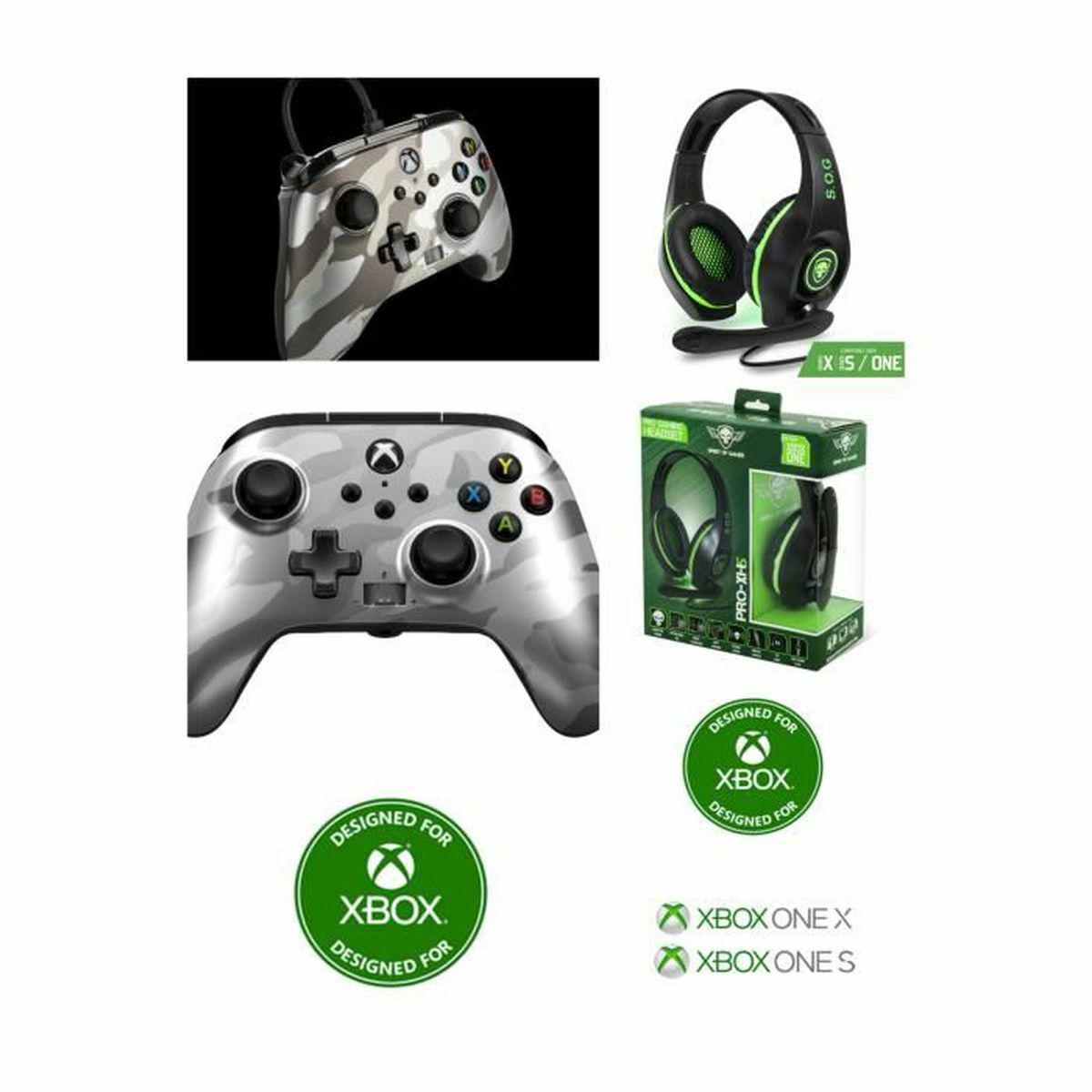 Pack manette Xbox One PC camouflage avec casque audio micro jack