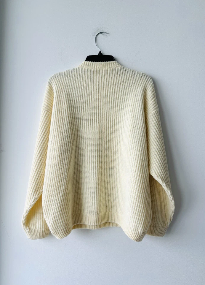 Men’s 90s Vintage Cable Knit Sweater Ivory Pink Blue Wool Blend Grandpa Medium - Image 2 of 4