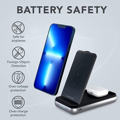 SATECHI Duo Wireless Ladestation & 10000 mAh Tragbare Power Bank Schwarz Silber