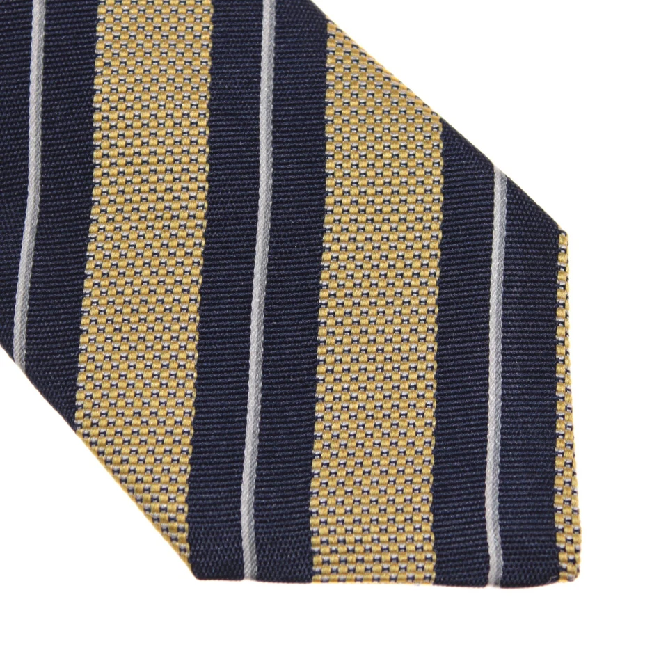 Kiton 全新无标签 100% 真丝七折领带黄色/海军蓝混色带海军蓝条纹 — 第 2/4 张图片
