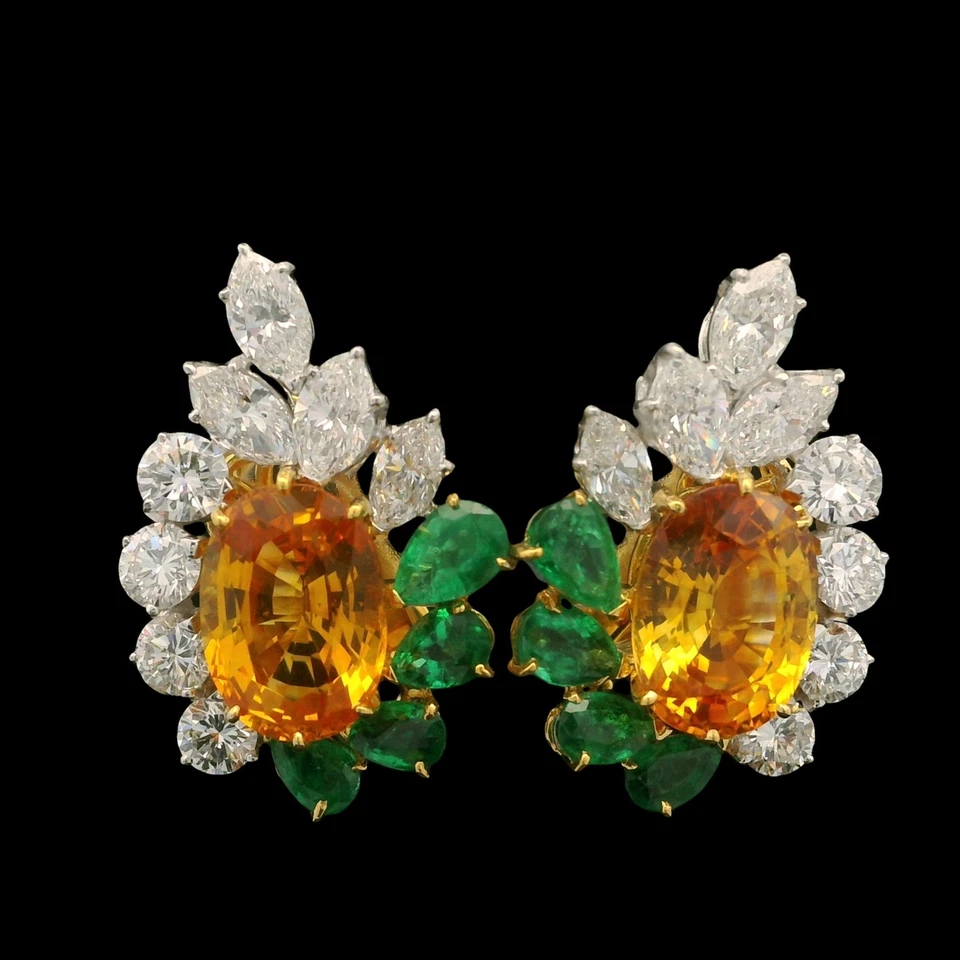 Elegantes Pendientes Platino Oro GIA 16ctw Zafiro Esmeralda y Diamantes Ardientes Foto 2 de 4