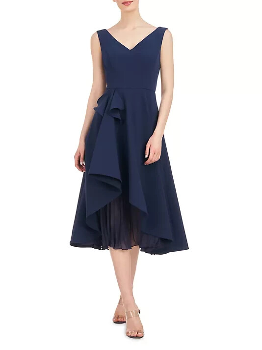 Kay Unger Midnight Blue Begonia Crepe & Chiffon Midi A-Line Dress Size 2 $298