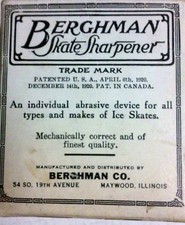 VINTAGE 1920 BERGHMAN SKATE SHARPENER IN BOX Patent Apr 6th 1920 w/Instr