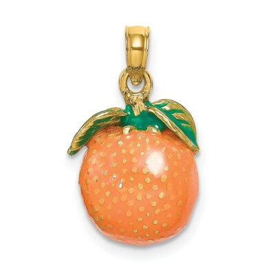 14K Gelbgold mit Emaille 3-D orange mit Stiel & Blatt Anhänger