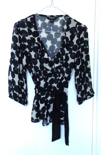 ROCKMANS LADIES TOP SIZE 10 SHEER BEIGE BLACK DOTS - FRILL - TIE - POLYESTER - Picture 15 of 18