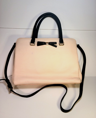 Kate Spade Designer Satchel Bags On Sale KATE SPADE Medium Pebbled Leather Blush Pink Black Bow Satchel Purse Bag  12x9