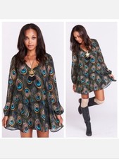 SHOW ME YOUR MUMU Donna Michelle Peacock Feather Boho Tunic Top Chiffon Dress M