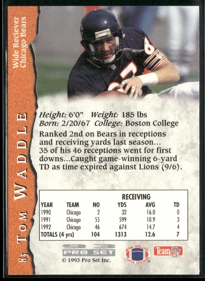 Tom Waddle 1993 Pro Set #83 Chicago Bears - Image 2 of 2