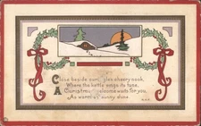 XMAS Christmas Greeting with Snowy Cabin,Holly Wreaths & Sunset Ray Bowerman,Sta