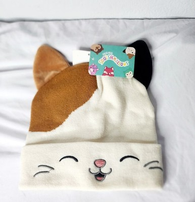 Squishmallows Cam the Cat Beanie Hat NWT - Calico Cat Ears Knit Cap White Brown