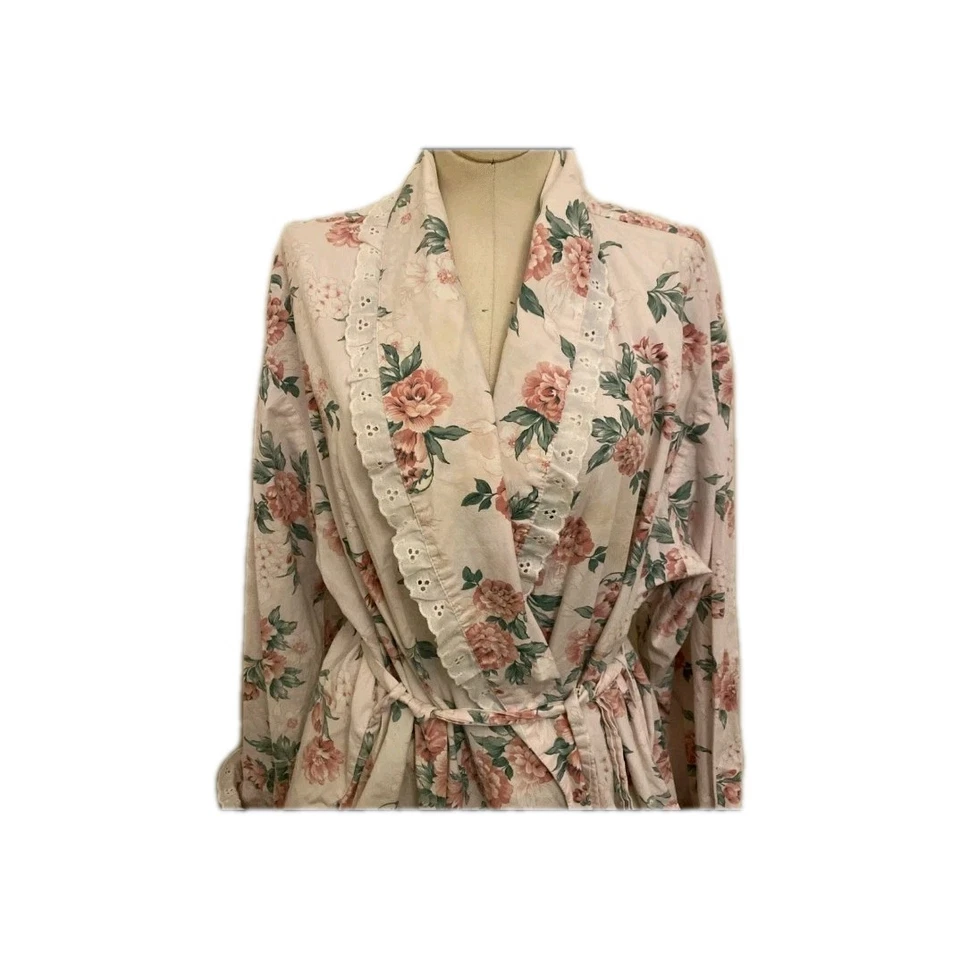 Antigo Roupão de Banho Cipreste 100% Algodão Floral com Cinto Acabamento Ilhós Jardim de Rosas Grande - Imagem 2 de 4