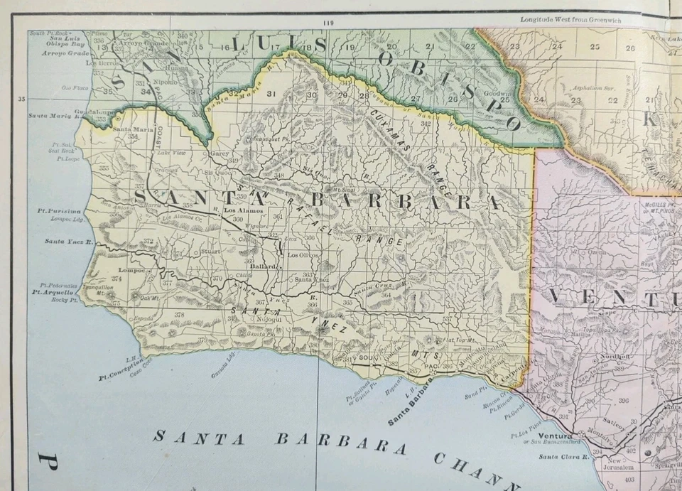Antique 1893 SANTA BARBARA VENTURA LOS ANGELES ORANGE COUNTIES CALIFORNIA Map - Image 2 of 4