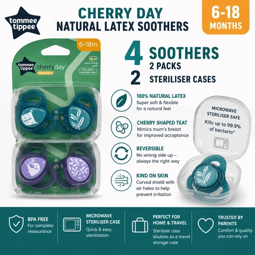 4x Tommee Tippee Cherry Natural Latex Soothers 6-18 Months 2 Steriliser Pods