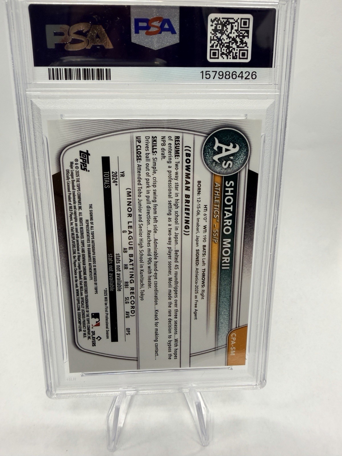 2025 Bowman Chrome Shotaro Morii Auto Blue Ray  Refractor #/150 Athletics PSA 10 view 2