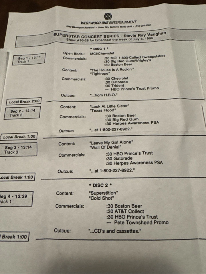 WESTWOOD ONE SUPERSTAR CONCERT SERIES Show #96-28 July 8 1996 Stevie Ray Vaughan - Image 2 of 4