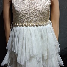 Ivory Gold Sleeveless Floral Tulle Ball Gown Girls Dress, Layered Beaded