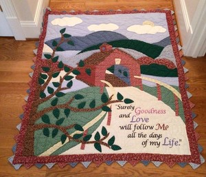 Vintage Quilt Wall Lap Covered Bridge Psalms Scripture 48” X 56” Hand Quilted