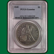 1840 PCGS Genuine Seated Liberty Dollar AU Almost Uncirculated Coin, Cleaning