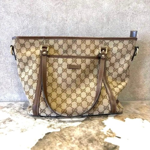 GUCCI GG Tote Hand Bag Ziplock Leather Canvas Brown Beige Silver Hardware Japan