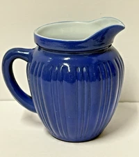 Hazel Atlas Platonite Ribbed Blue & White Glass Creamer Pitcher VTG 1930-1950
