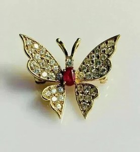 Authentic 1.90Ct Oval Lab Created Red Ruby Women Butterfly Brooch 14K Yellow Gold Plated