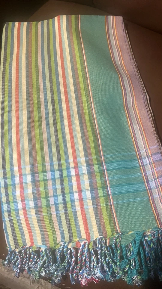 Bufanda envolvente pareo de playa a rayas azules con borlas 100 % algodón Foto 4 de 4