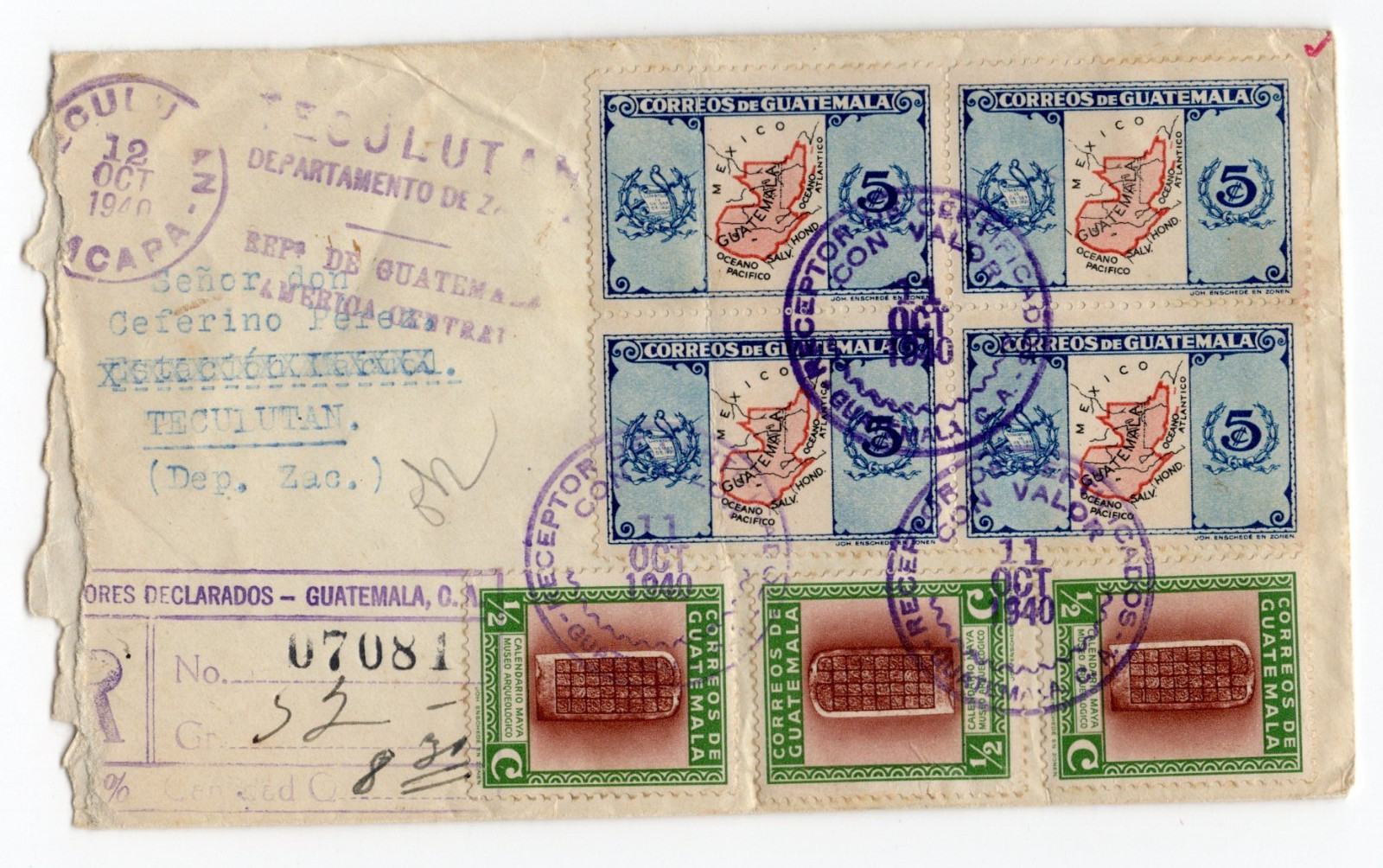 1940 Guatemala Registered Insured Cover Teculutan w/ Cancels Attractive Franking