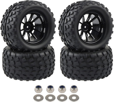 4X RC 1/10 Scale Monster Truck Tires Gravel Tread W/ 5 Spokes Wheel Rim Black R
