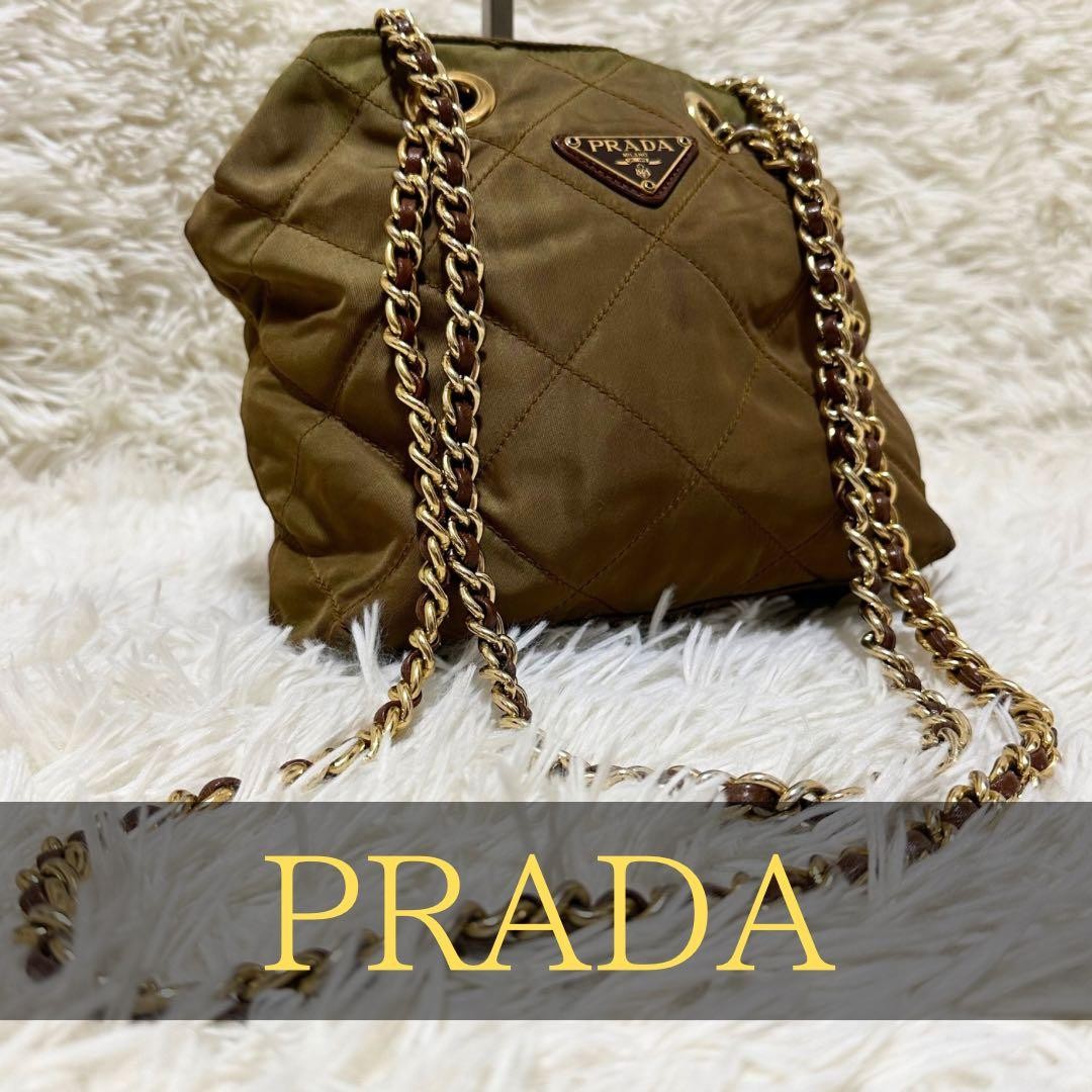 Rare PRADA Quilted Chain Triangle Logo Shoulder Bag Nylon