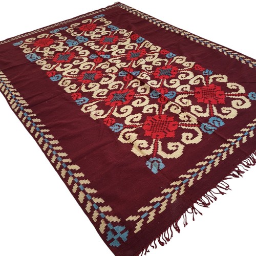 Handmade Moroccan Rug Maroon Floral Geometric Blue Red Beige Carpet Vintage - Picture 7 of 24